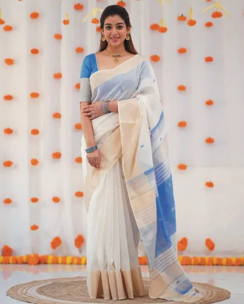 Off White And Blue Jacquard Work Formal Saree