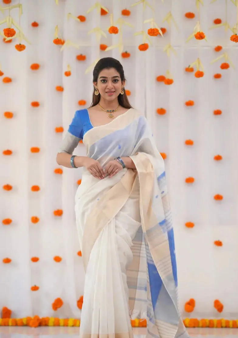 Off White And Blue Jacquard Work Formal Saree - Image 3