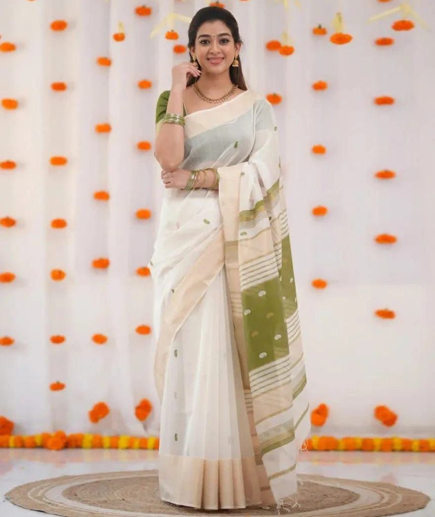 Off White And Green Jacquard Work Formal Saree