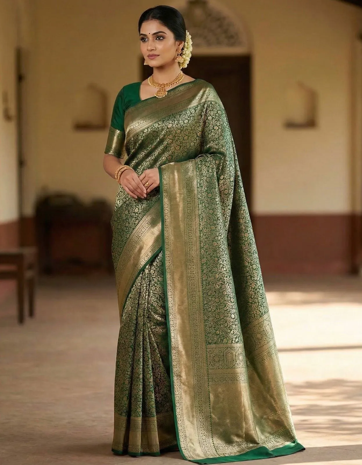 Green Lichi Silk Weaving Work Wedding Wear Saree