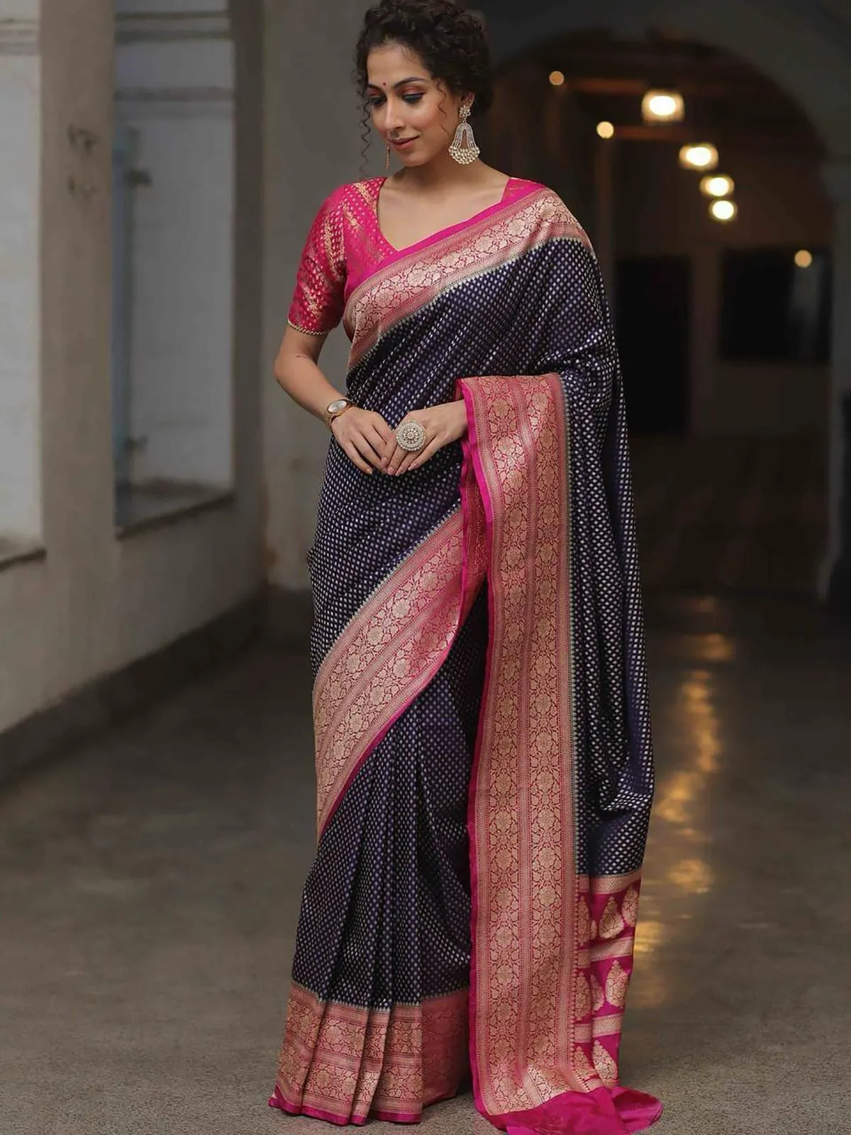 Navy Blue Lichi Silk Weaving Work Traditional Saree