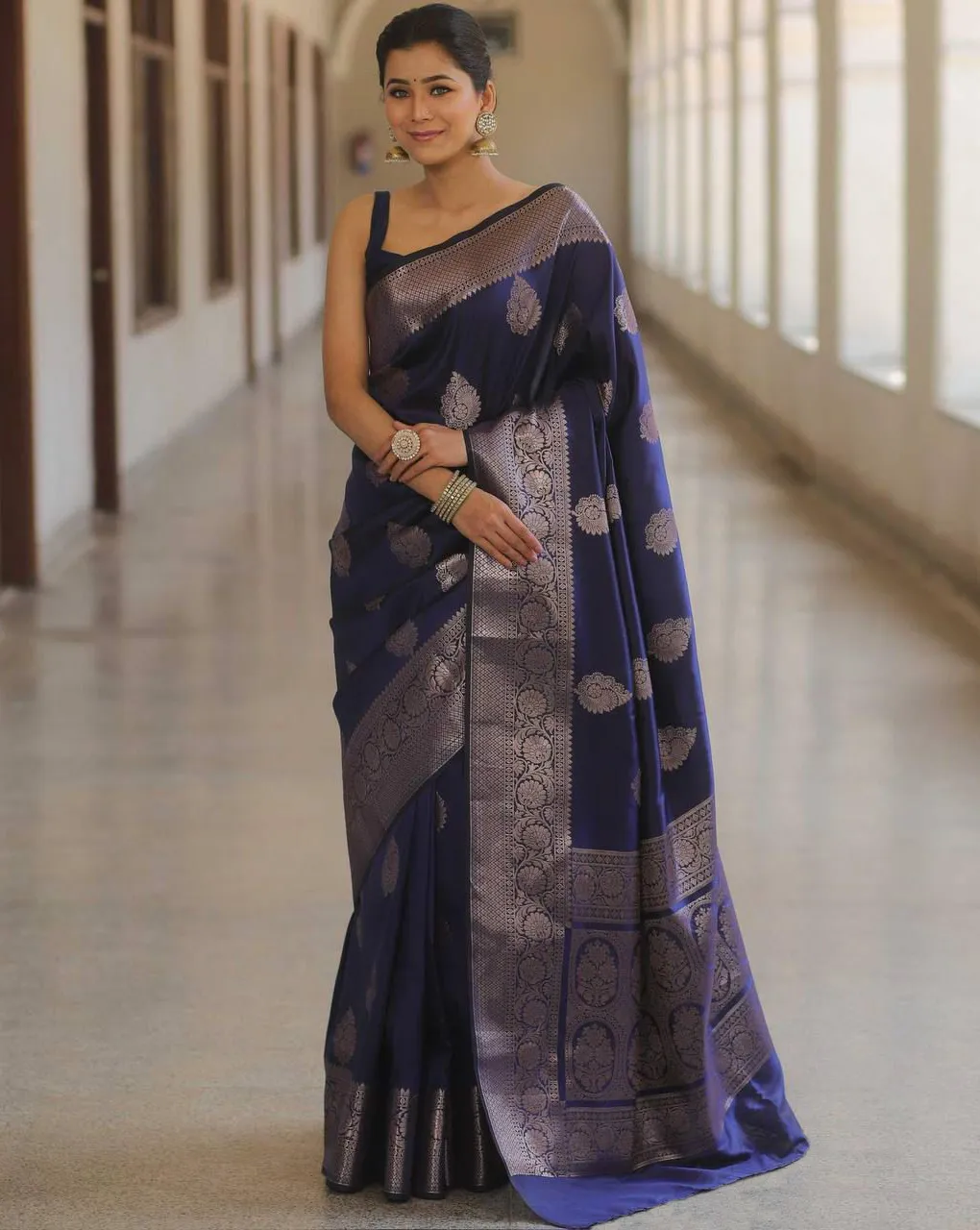 Blue Lichi Silk Weaving Work Traditional Saree