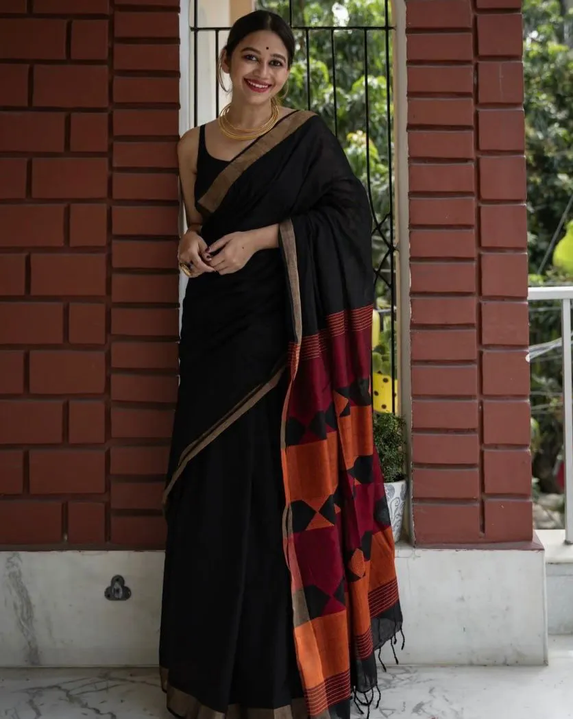 Black Linen Plain Casual Formal Saree With Tassels