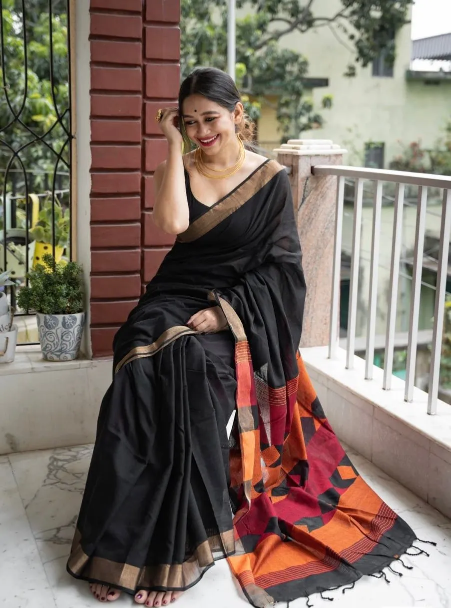 Black Linen Plain Casual Formal Saree With Tassels - Image 2