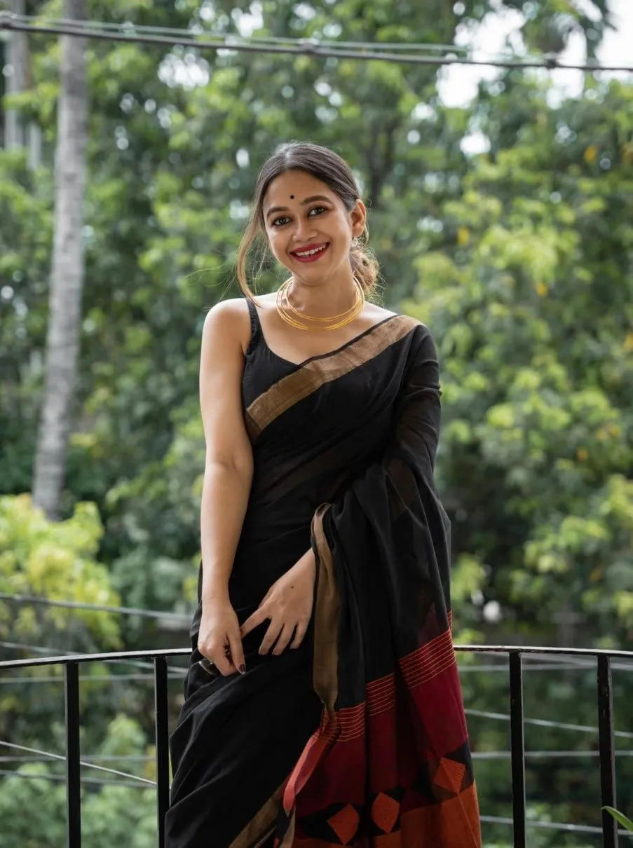 Black Linen Plain Casual Formal Saree With Tassels - Image 3