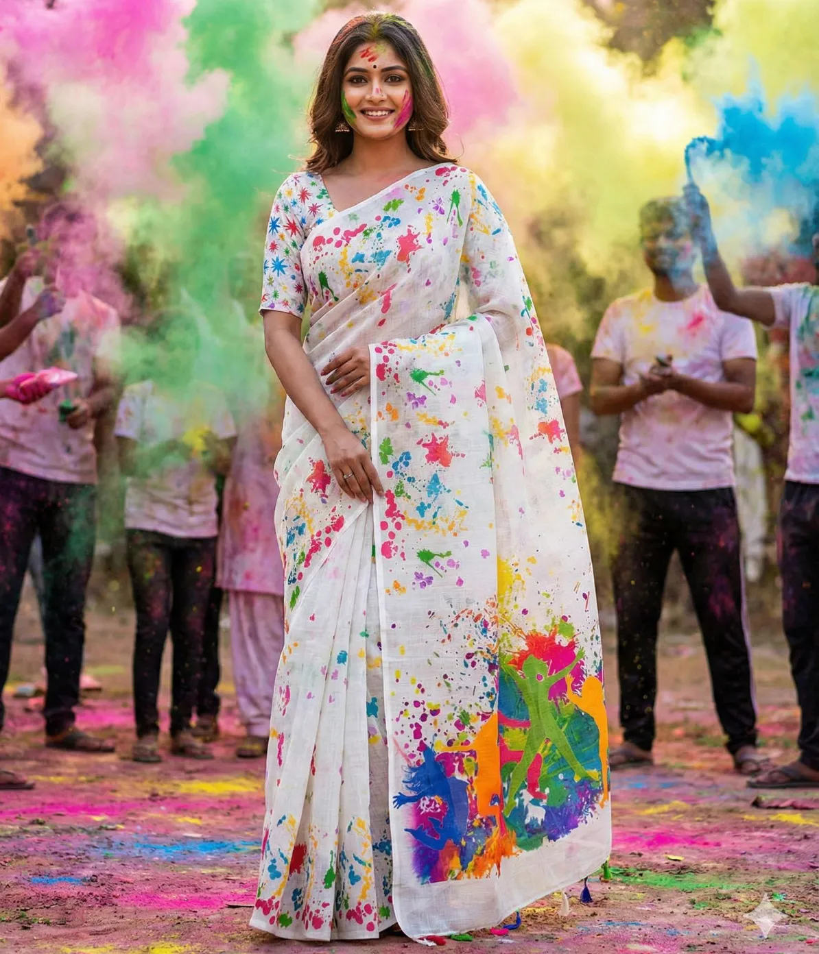 White Linen Digital Print Holi Special Saree