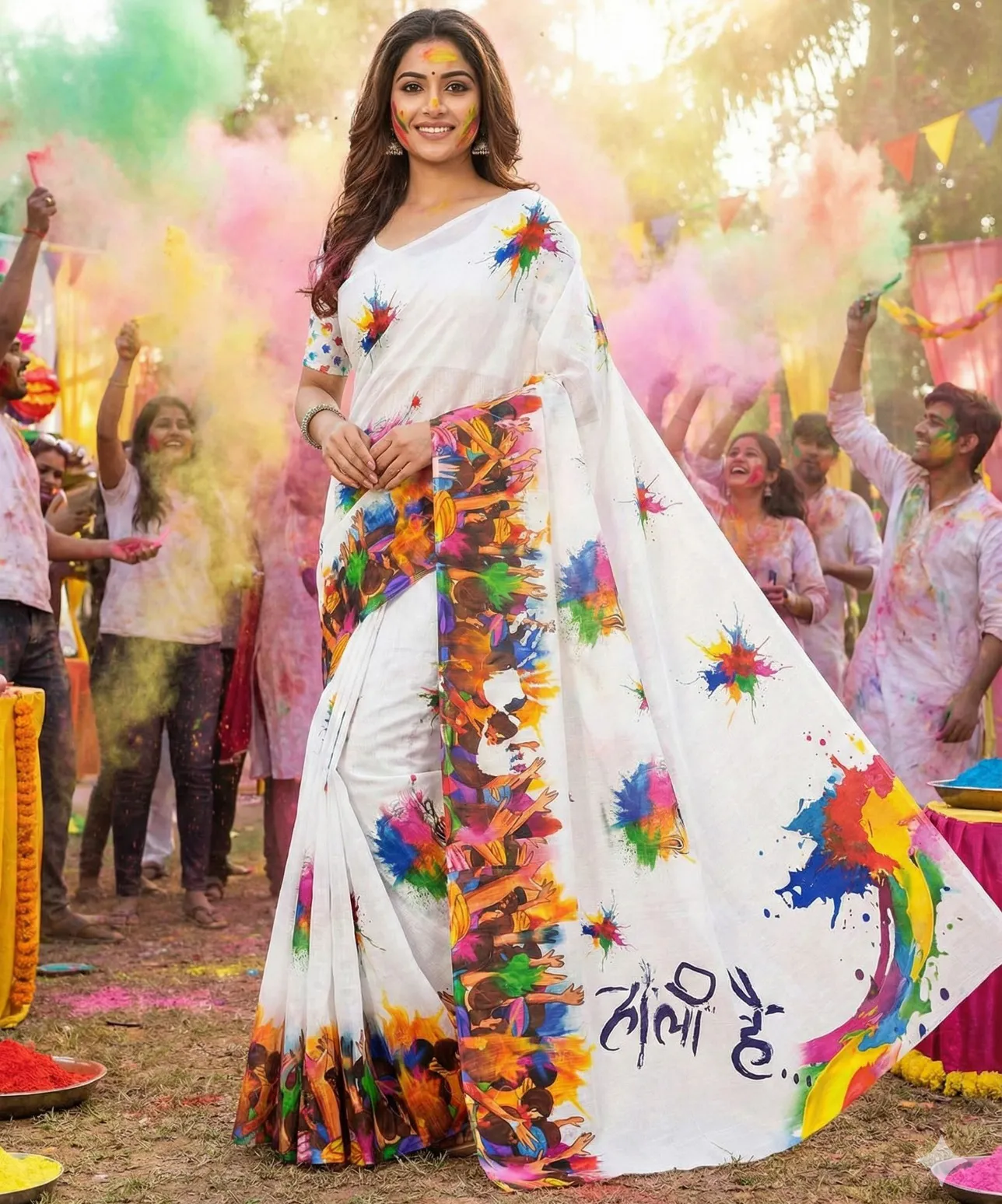 White Linen Digital Print Holi Special Saree