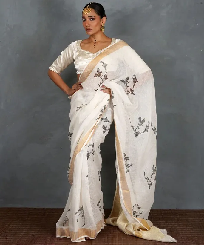 White Linen Digital Print Daily Wear Saree