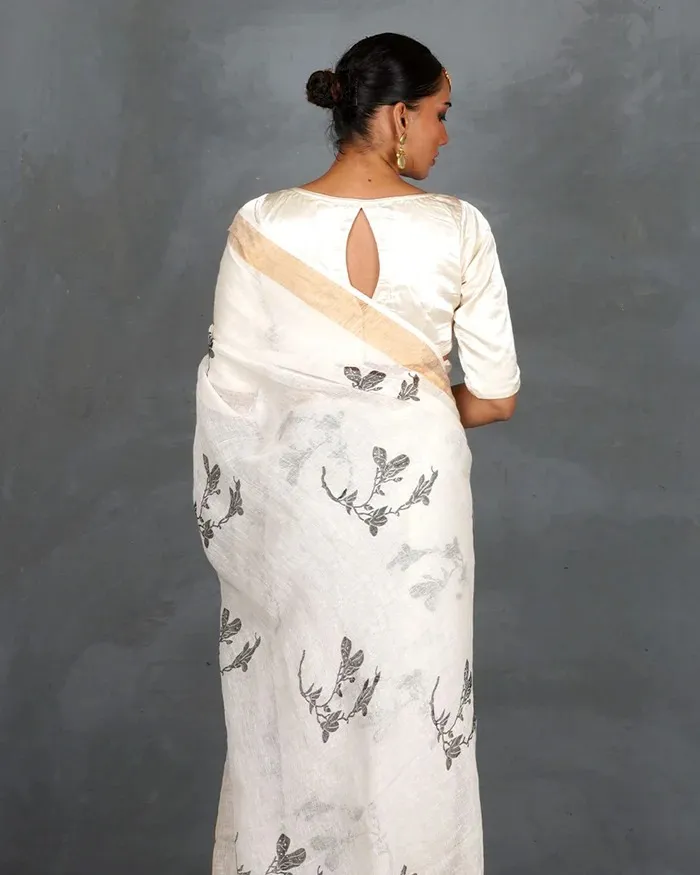 White Linen Digital Print Daily Wear Saree - Image 4