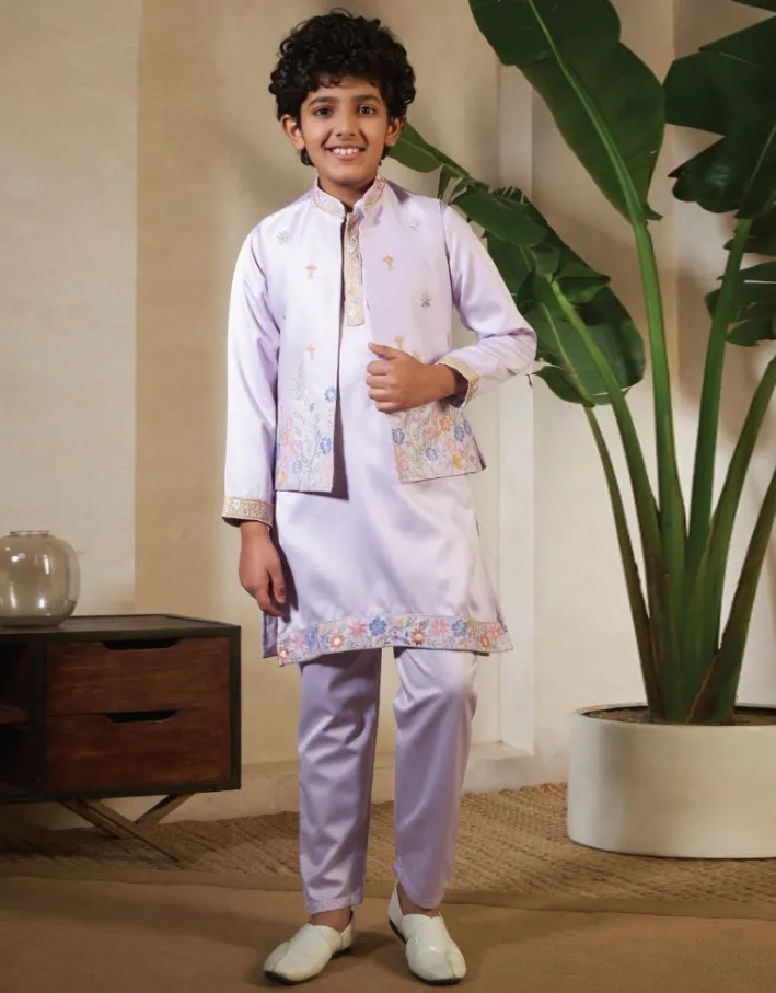 Lavender Satin Sequins Embroidered Kid's Waistcoat Kurta Set