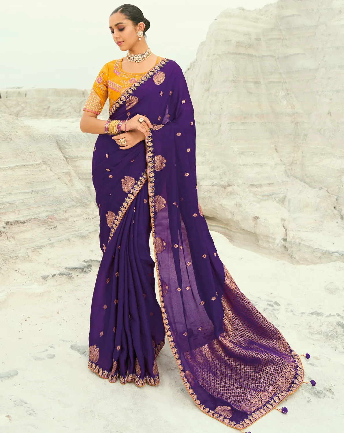 Purple Pure Organza Viscose Satin Coding Border Work Saree