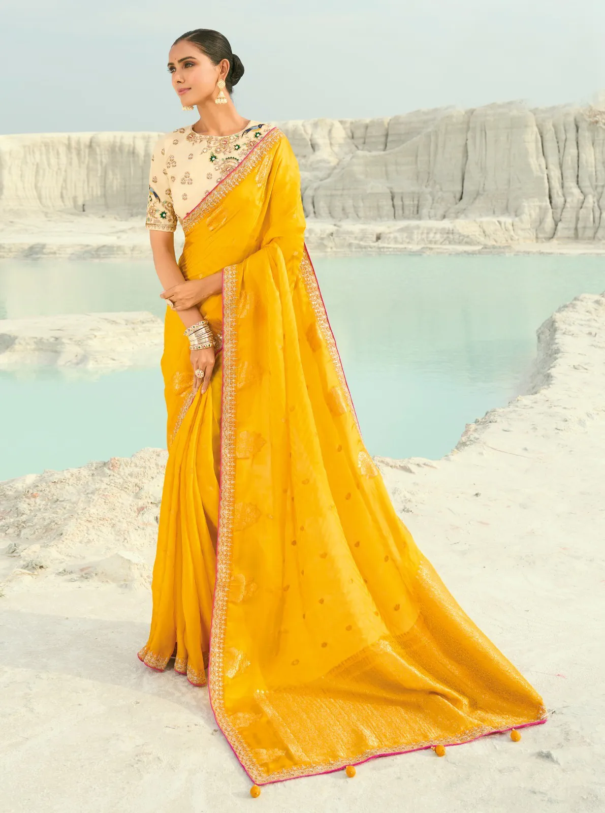 Yellow Pure Organza Viscose Satin Border Work Wedding Saree