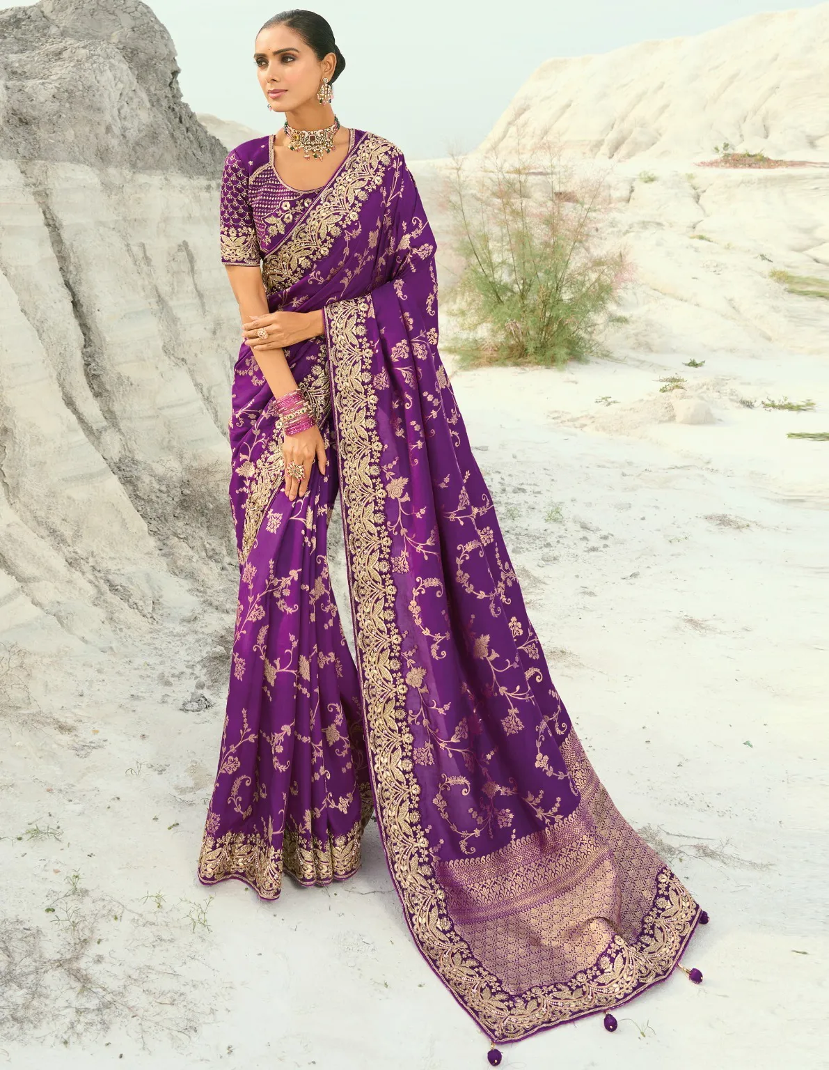 Purple Pure Dola Viscose Cut Dana Heavy Work Wedding Saree