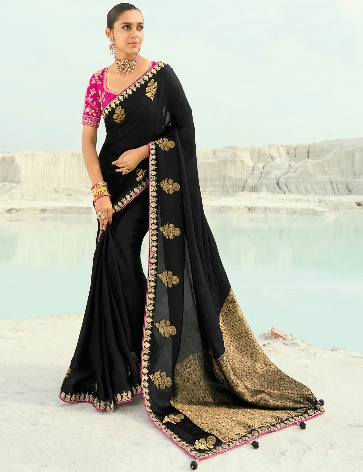Black Pure Organza Viscose Satin Coding Border Work Designer Saree