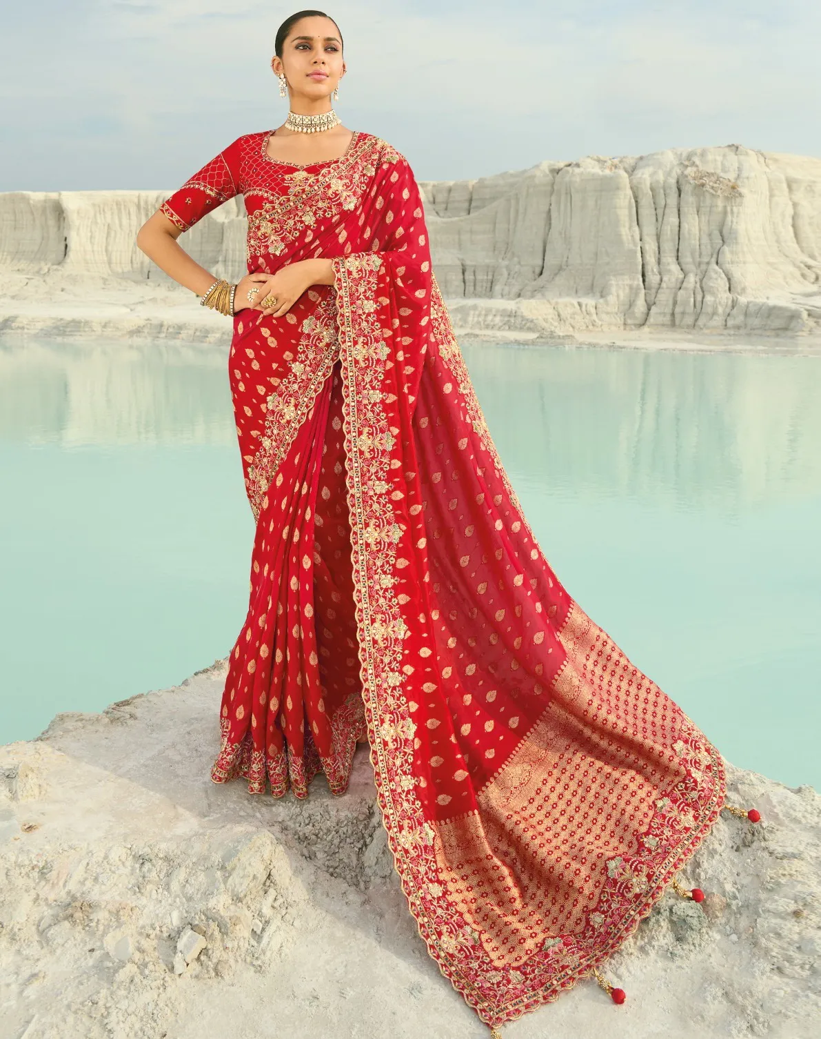 Red Pure Dola Viscose Moti Work Wedding Wear Saree
