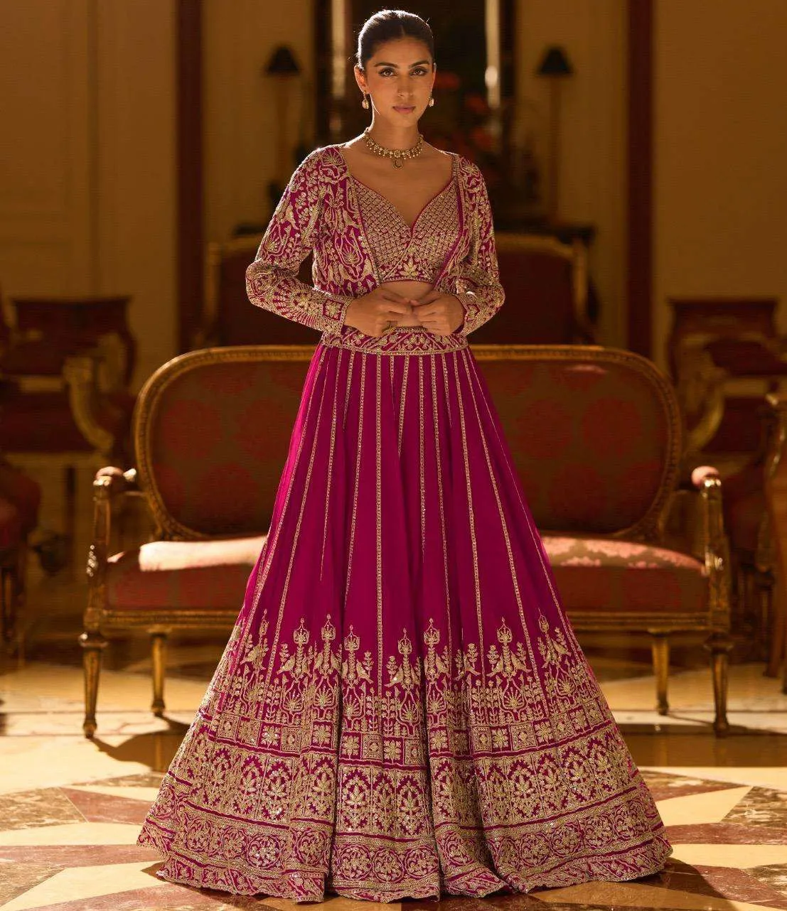 Magenta Pink Real Georgette Wedding Look Lehenga With Shrug