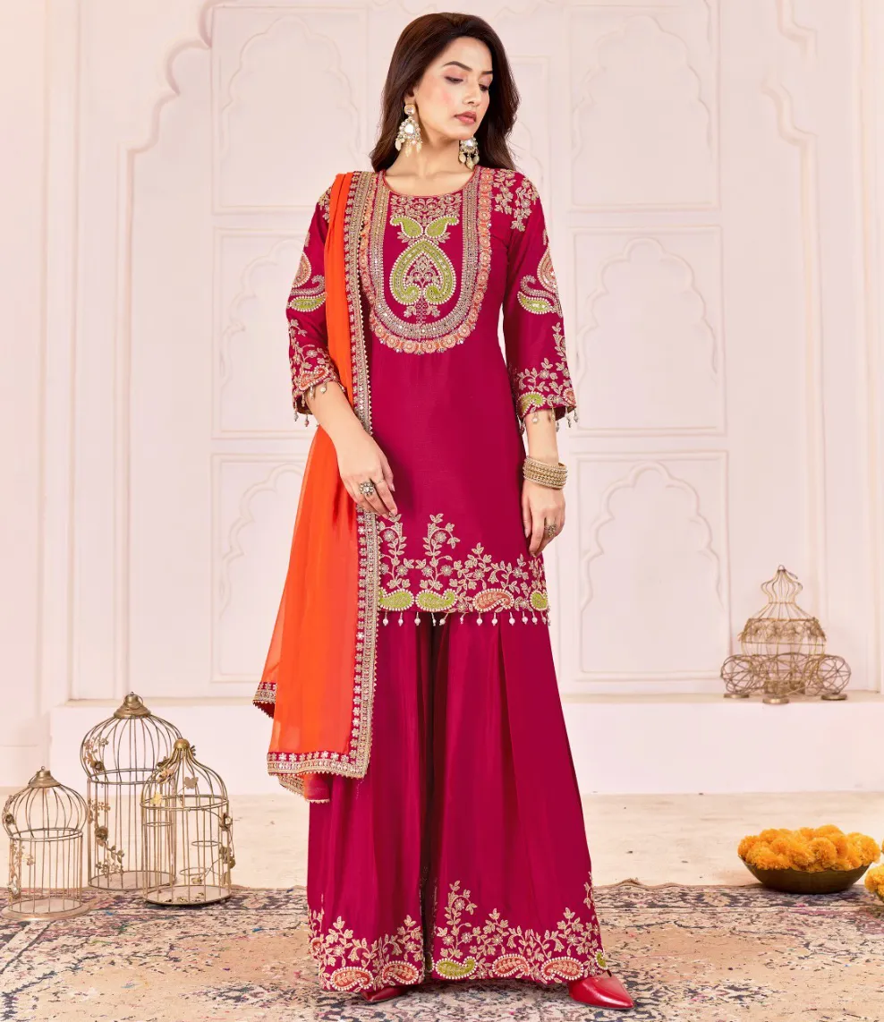 Magenta Premium Chinon Embroidered Traditional Sharara Suit