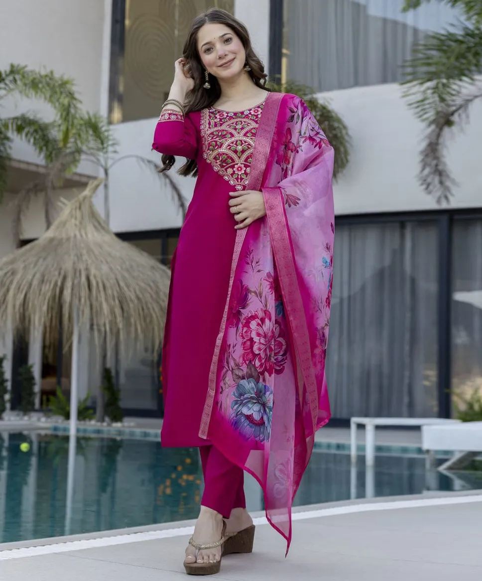 Magenta Pure Viscose Chanderi Embroidered Readymade Salwar Suit