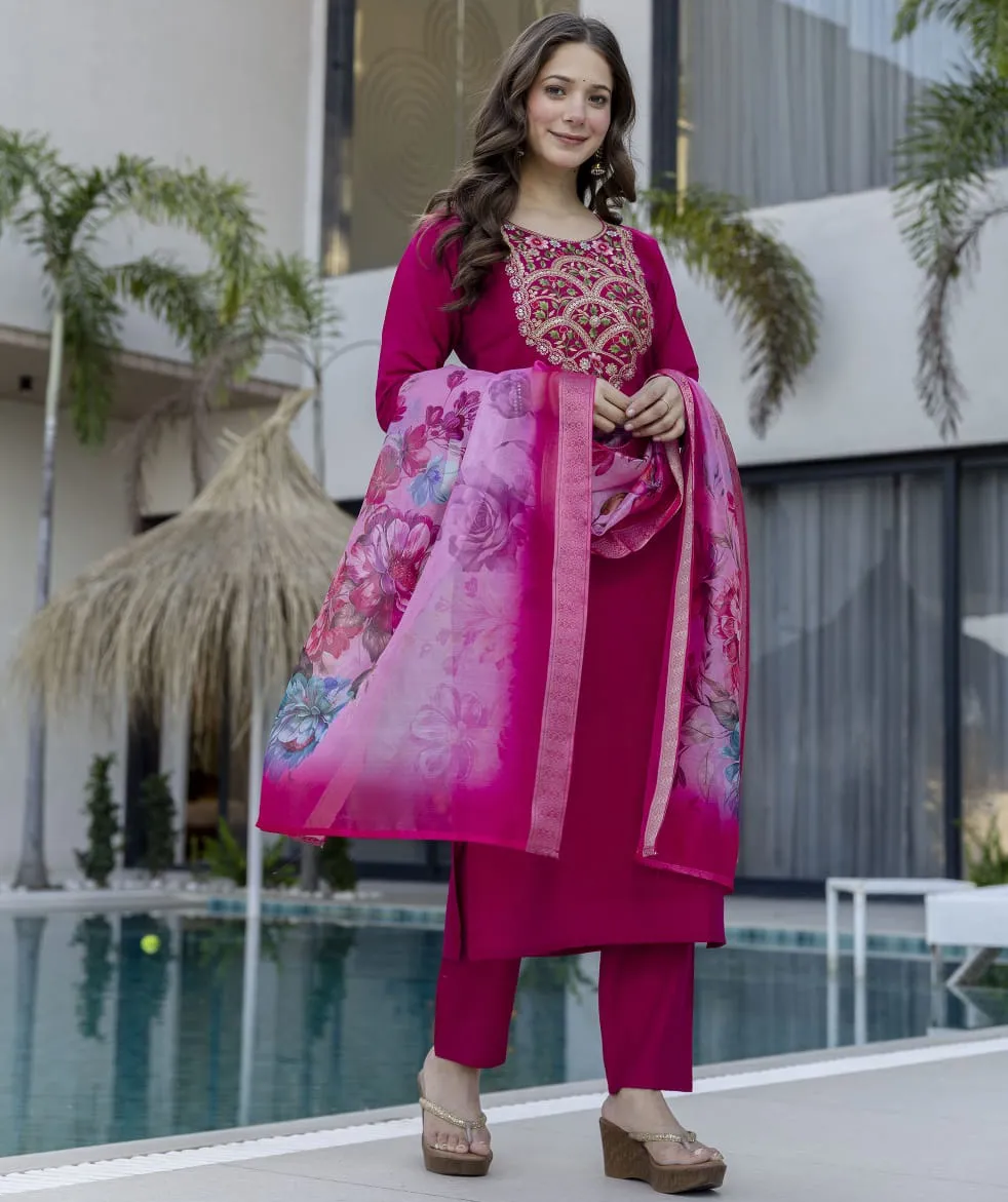 Magenta Pure Viscose Chanderi Embroidered Readymade Salwar Suit - Image 2
