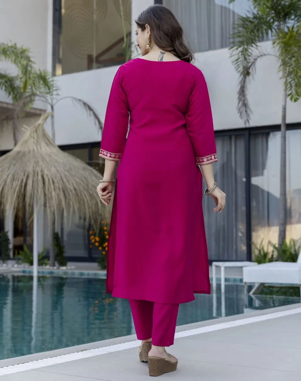 Magenta Pure Viscose Chanderi Embroidered Readymade Salwar Suit - Image 3