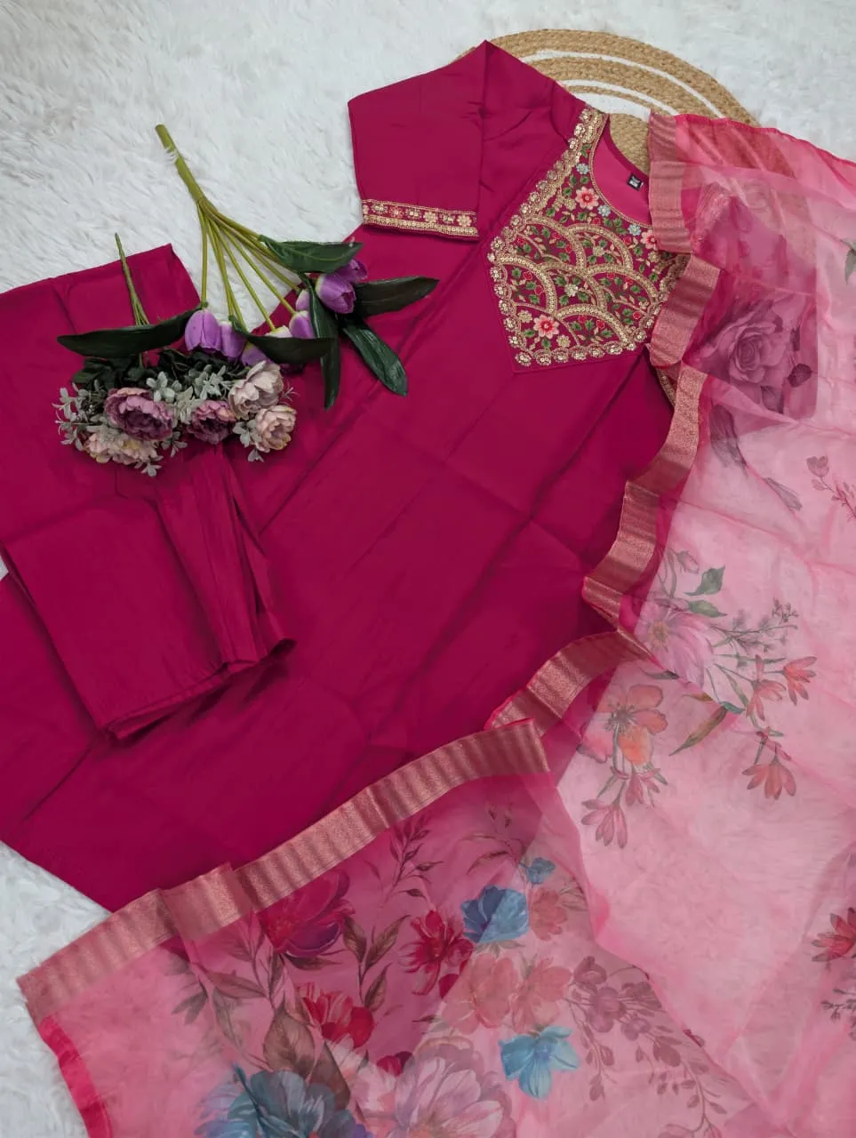 Magenta Pure Viscose Chanderi Embroidered Readymade Salwar Suit - Image 7