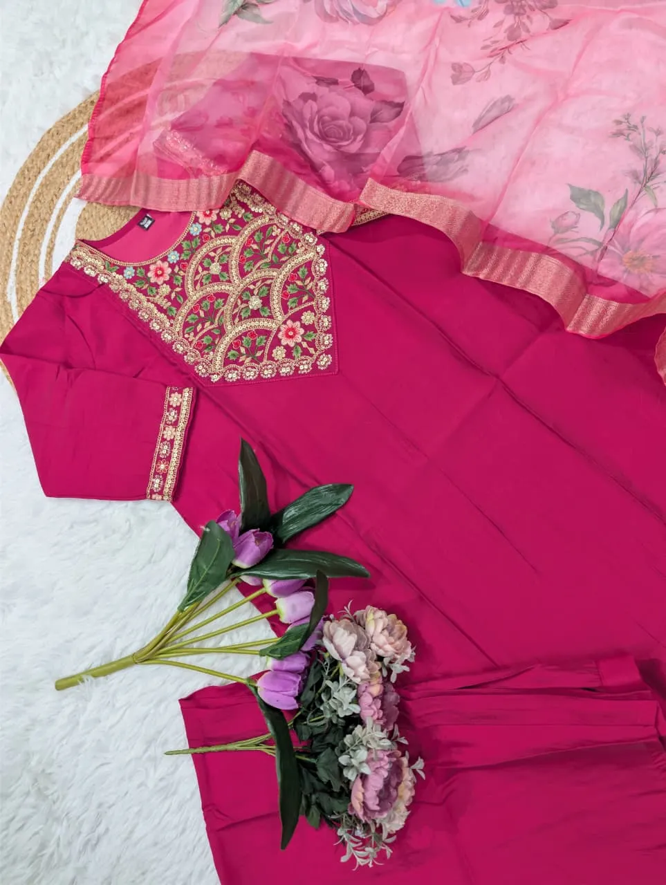 Magenta Pure Viscose Chanderi Embroidered Readymade Salwar Suit - Image 6