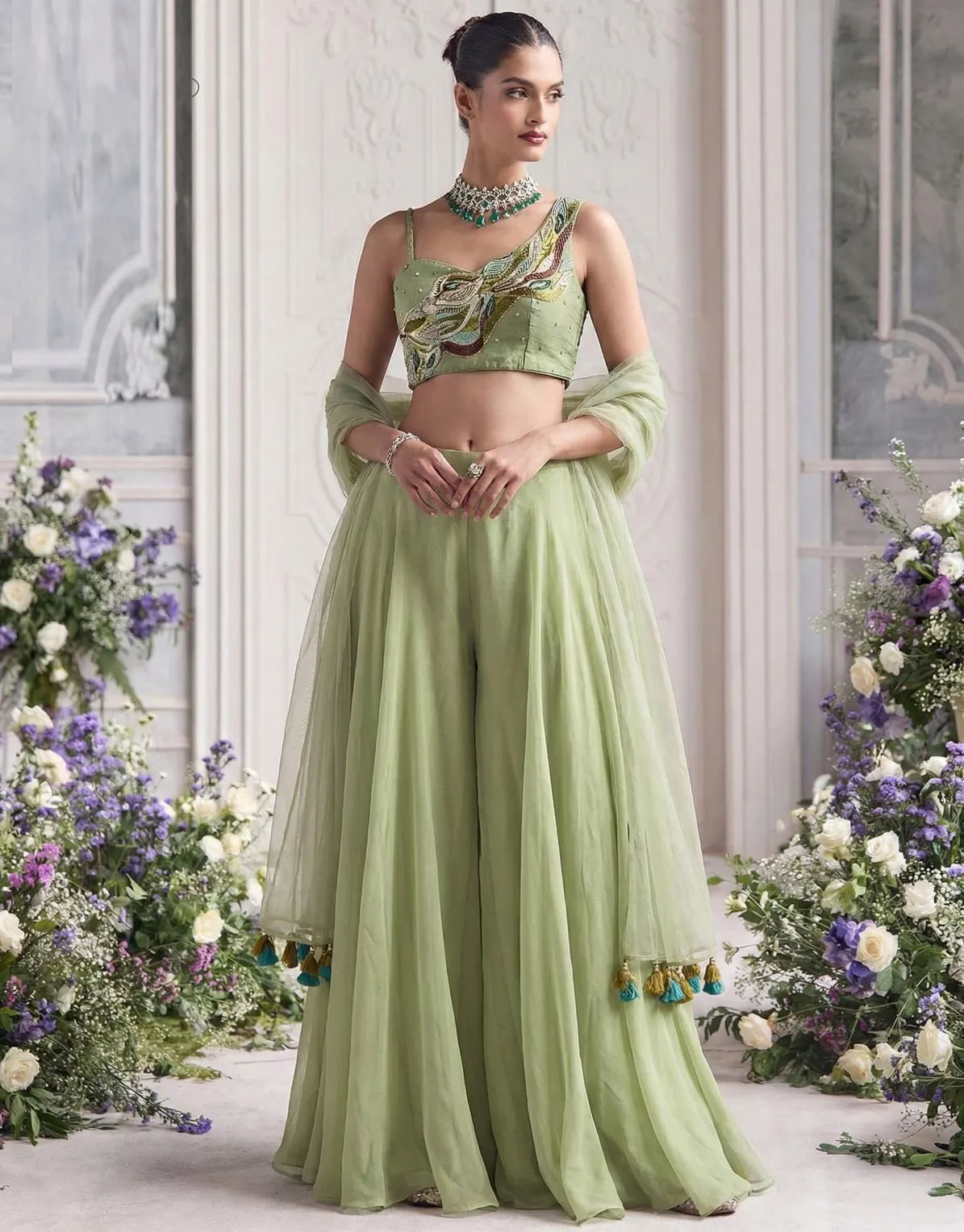 Mint Green Georgette Readymade Flared Indo Western Set