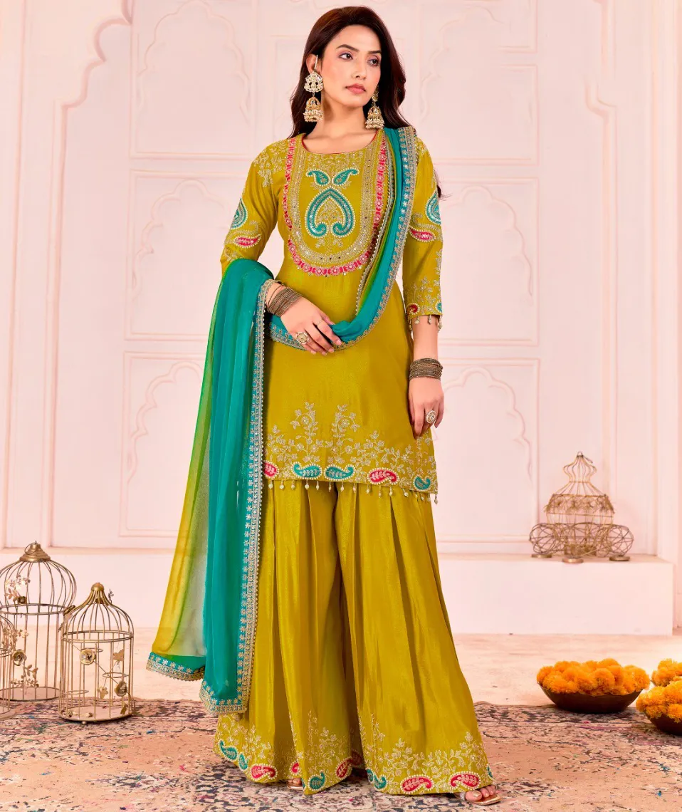 Mustard Premium Chinon Embroidered Traditional Sharara Suit