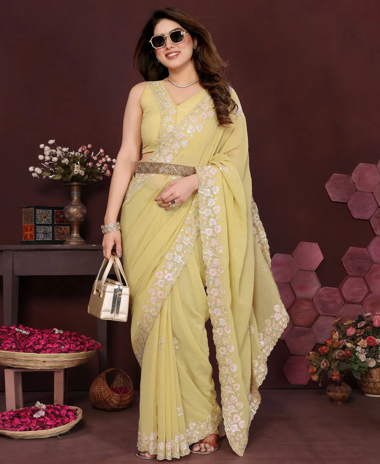 Yellow Georgette Silk Embroidered Fancy Saree
