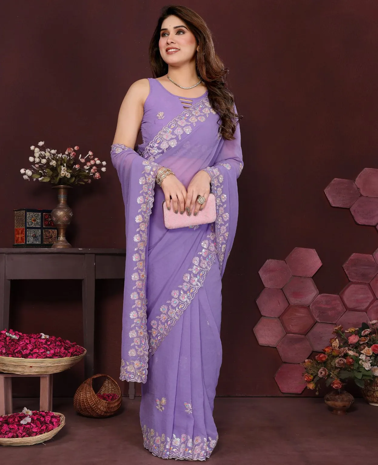Purple Georgette Silk Embroidered Fancy Saree