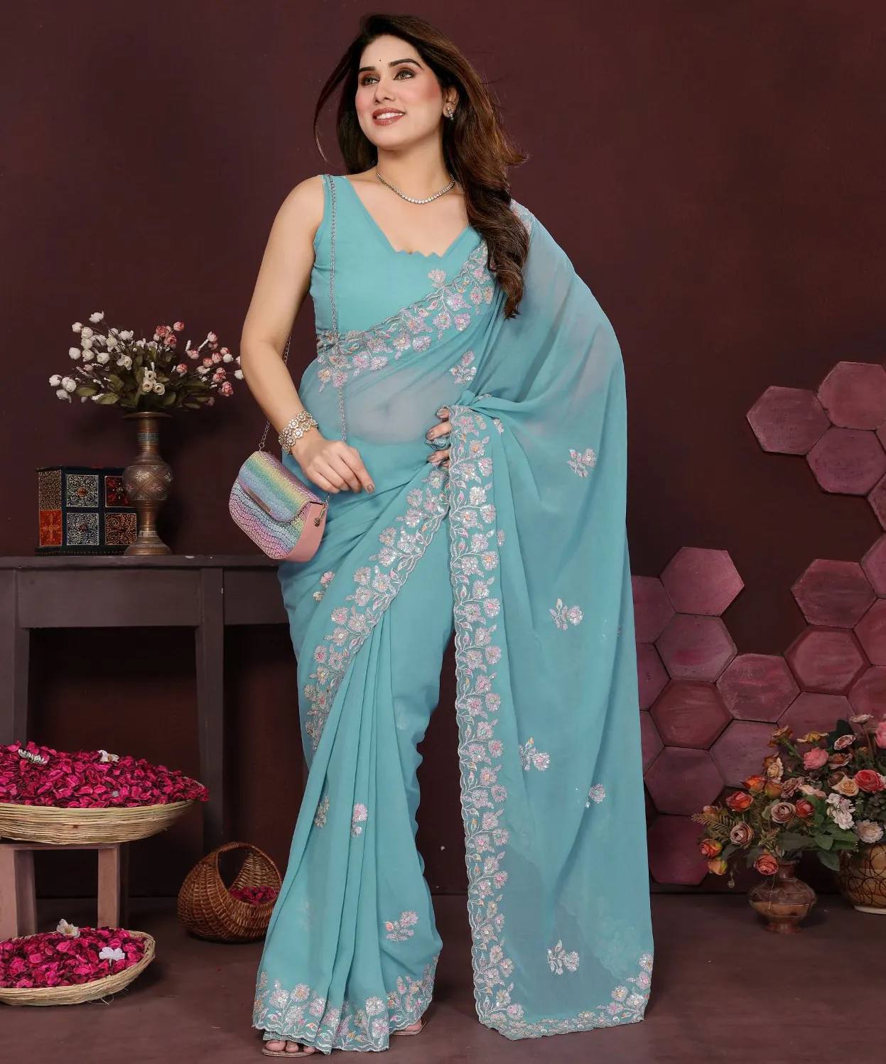 Sky Blue Georgette Silk Embroidered Border Work Fancy Saree