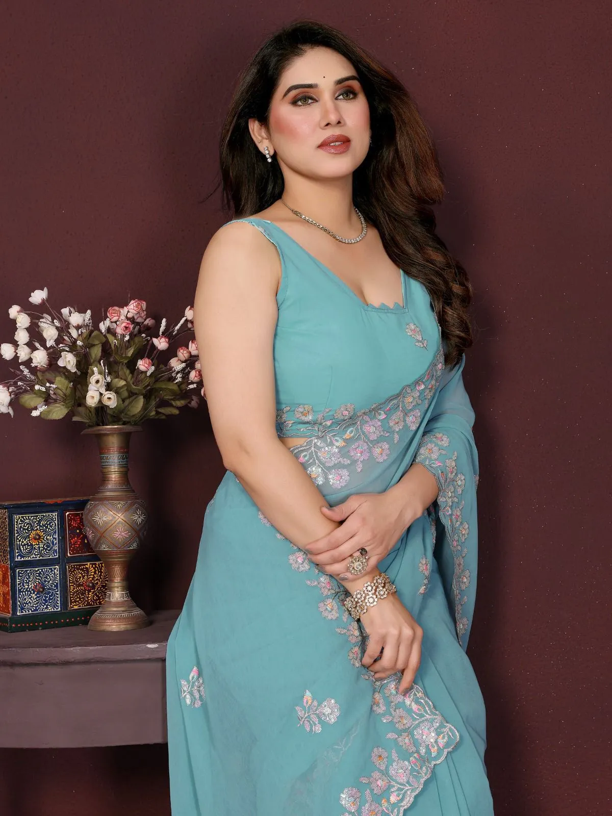 Sky Blue Georgette Silk Embroidered Border Work Fancy Saree - Image 2