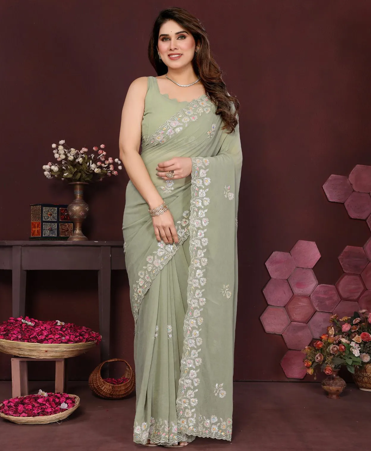 Olive Green Georgette Silk Embroidered Border Work Fancy Saree