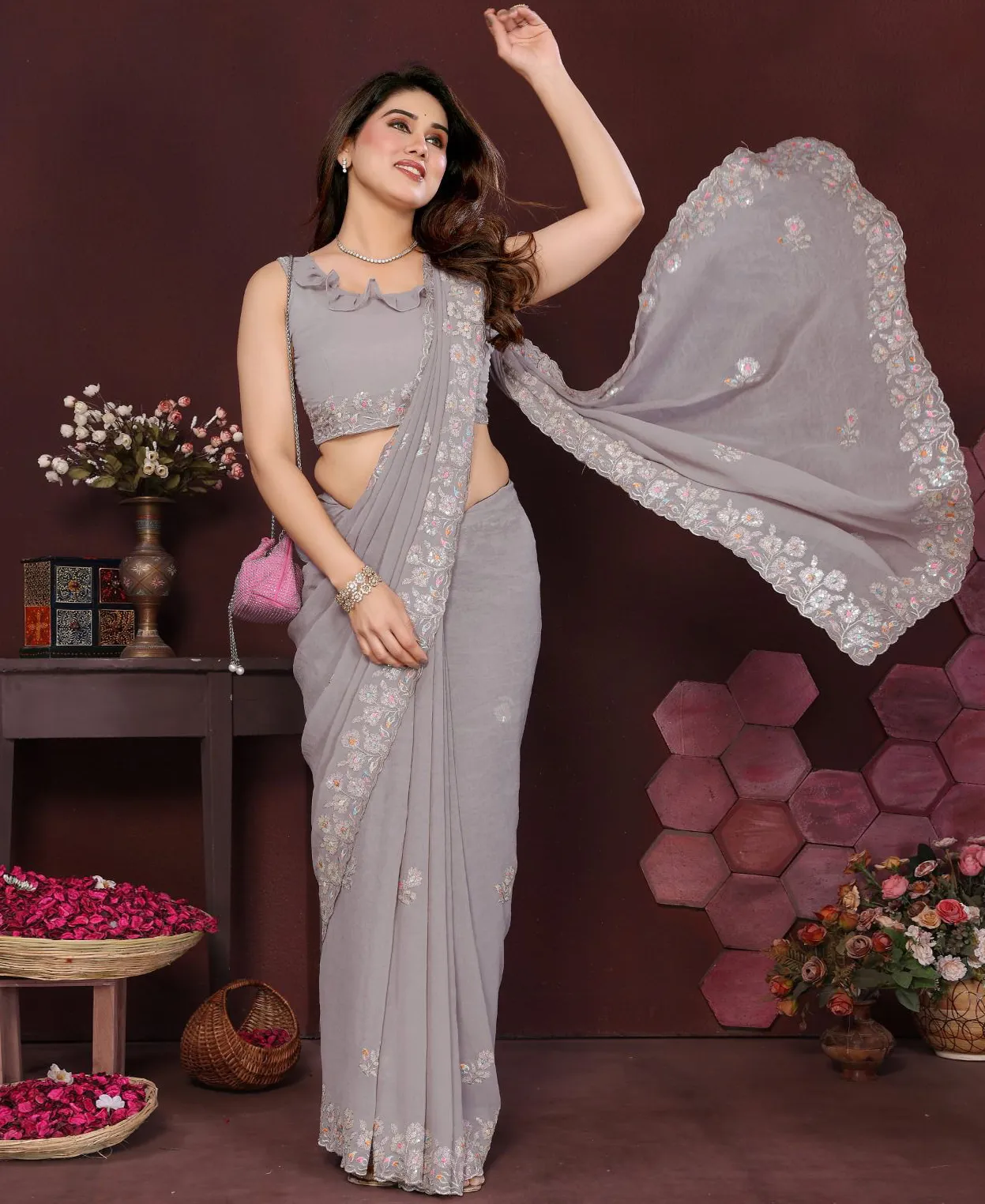 Grey Georgette Silk Embroidered Border Work Fancy Saree