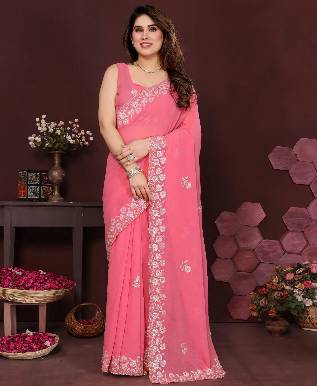 Pink Georgette Silk Embroidered Border Work Fancy Saree