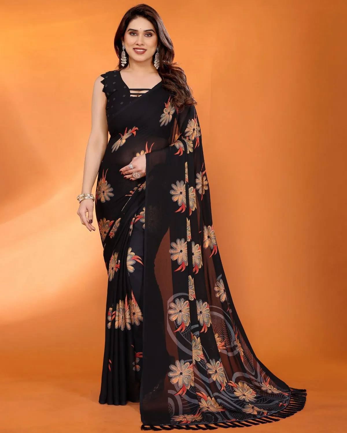 Black Satin Chiffon Floral Digital Print Daily Wear Saree