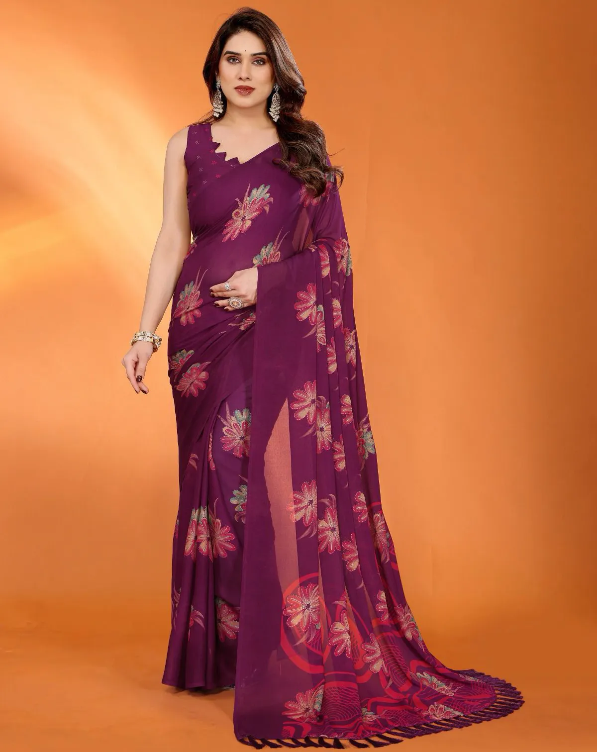 Wine Satin Chiffon Floral Digital Print Daily Wear Saree