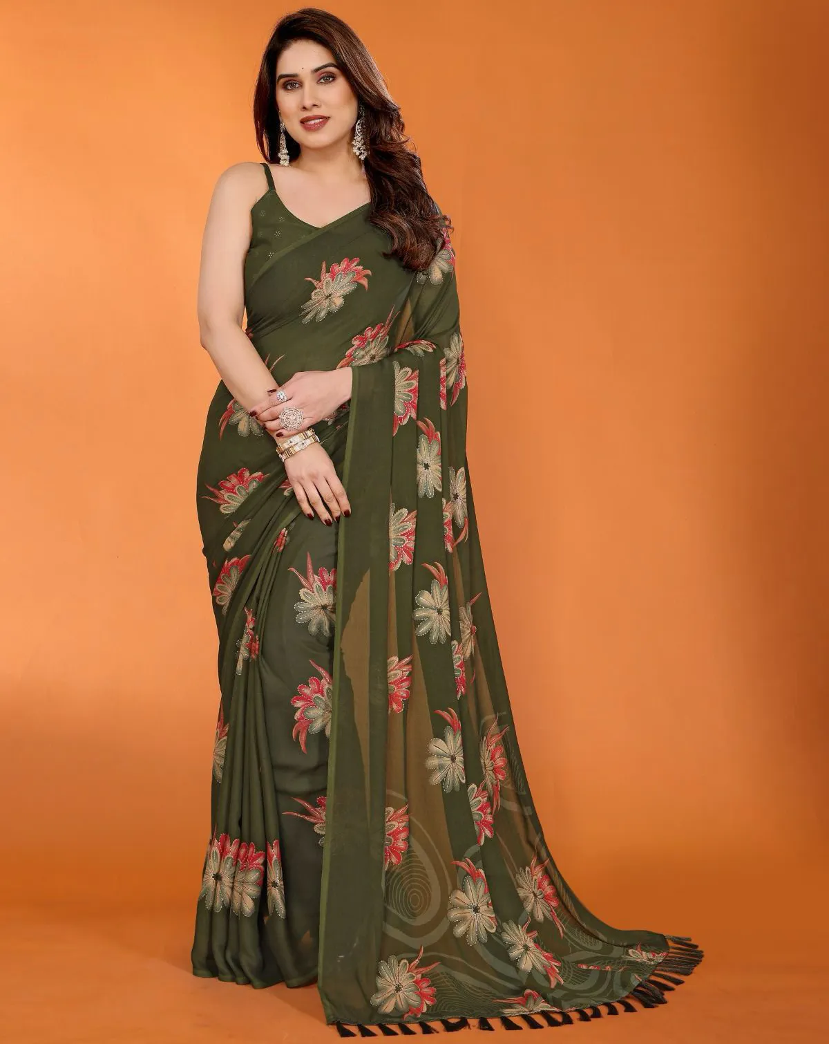 Olive Green Satin Chiffon Floral Digital Print Daily Wear Saree