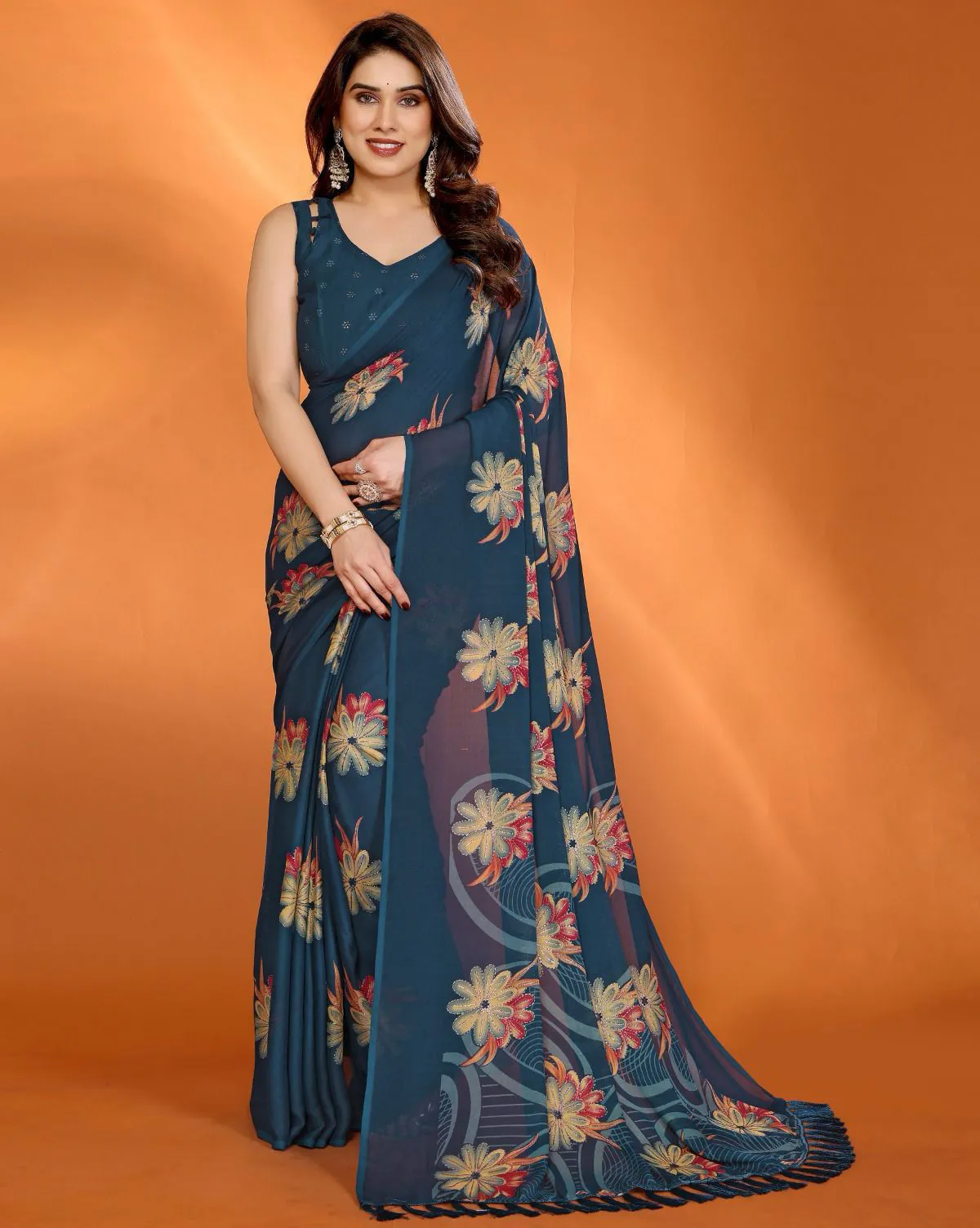 Navy Blue Satin Chiffon Floral Digital Print Daily Wear Saree