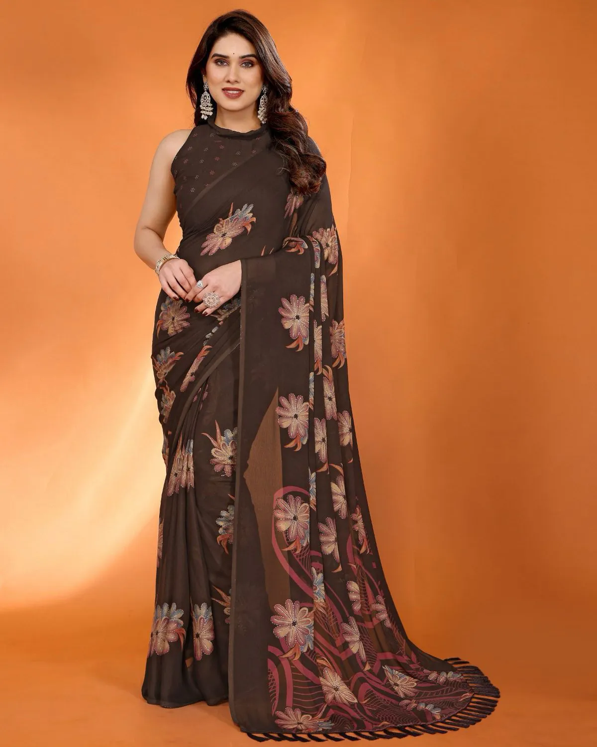 Brown Satin Chiffon Floral Digital Print Daily Wear Saree