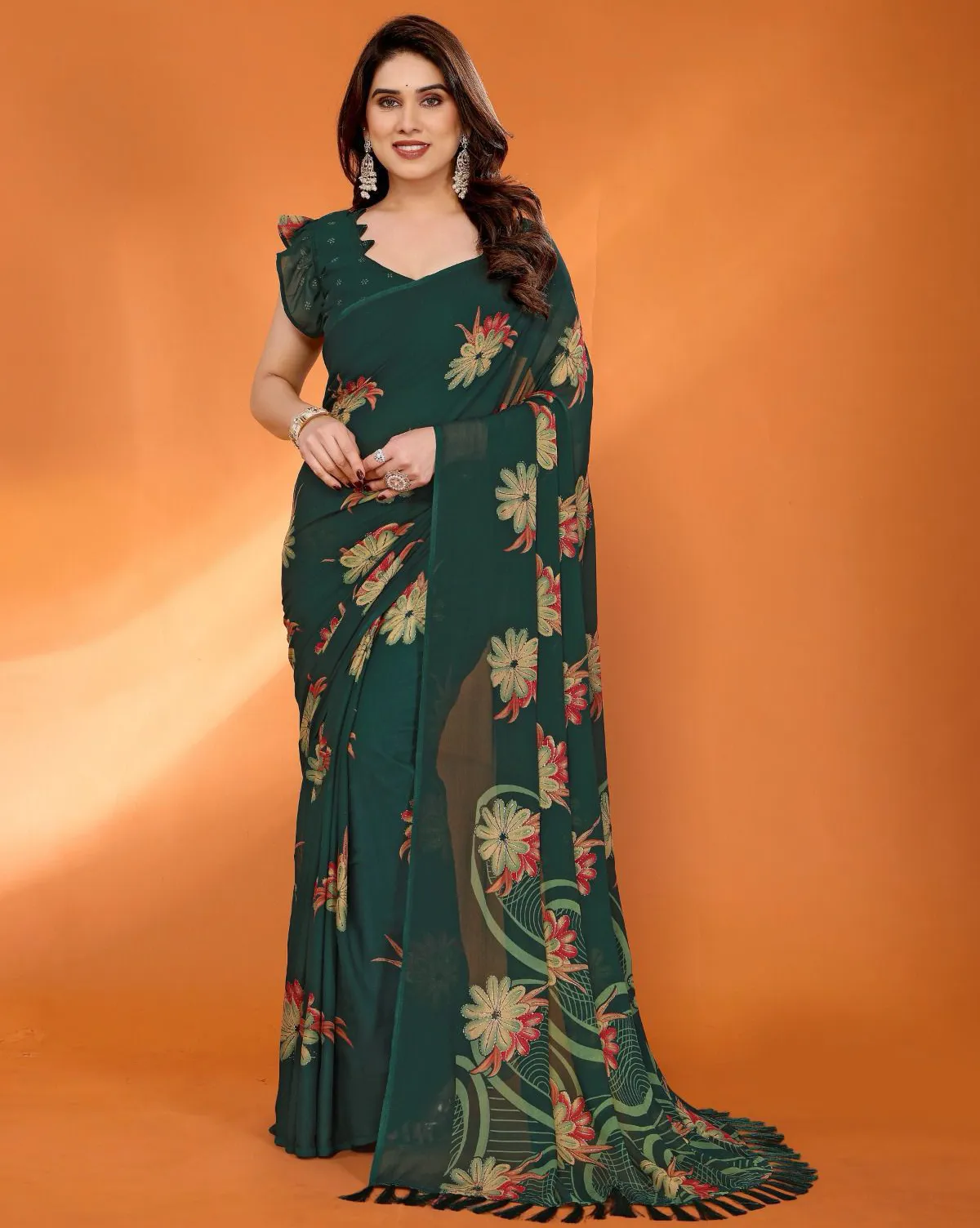 Green Satin Chiffon Floral Digital Print Daily Wear Saree