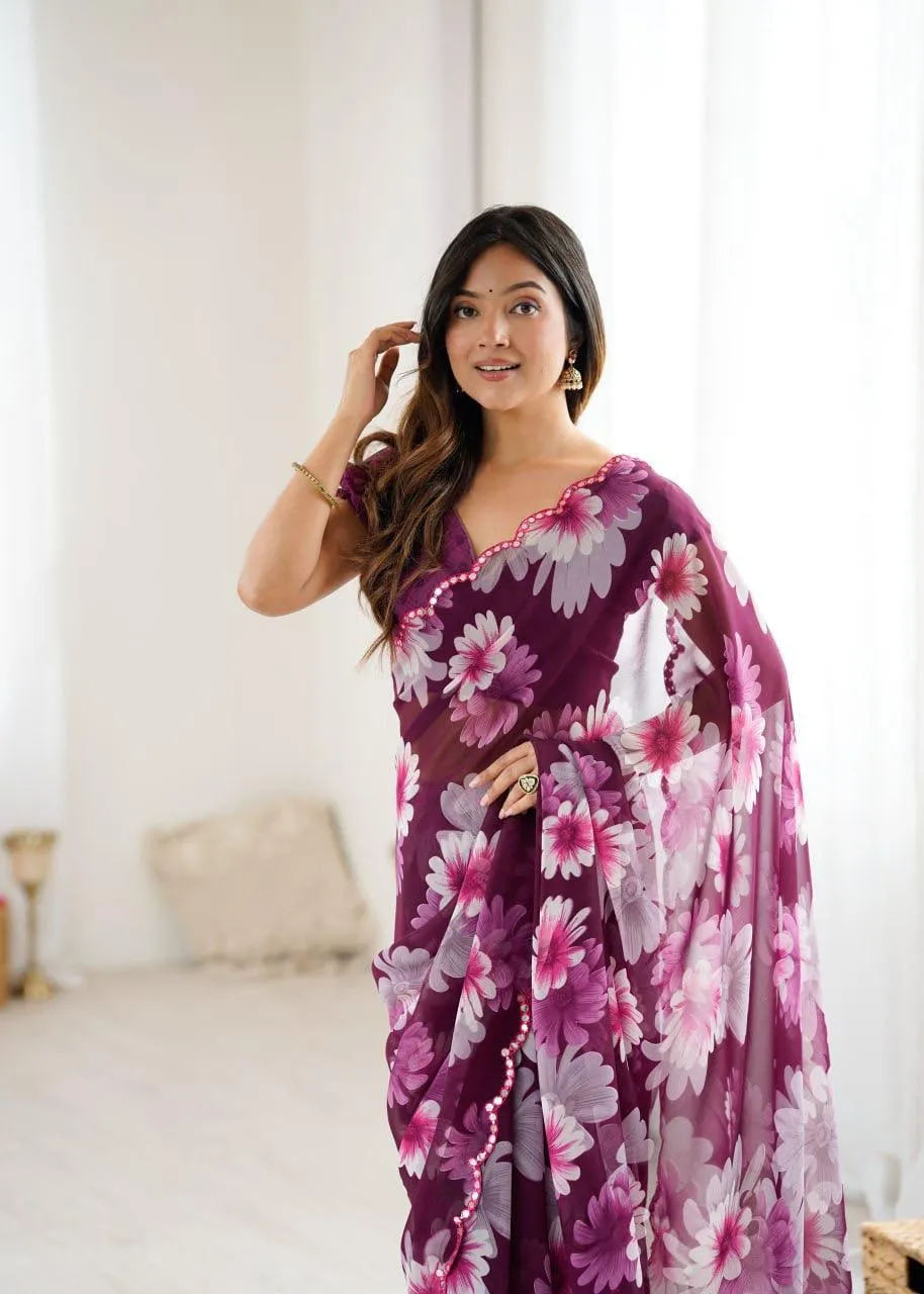 Wine Georgette Floral Printed Casual Saree - Image 2