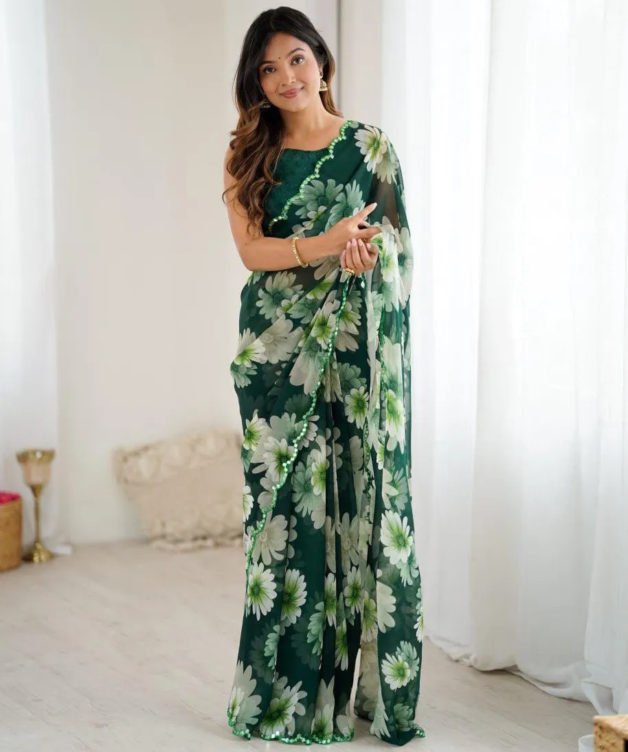 Green Georgette Floral Printed Casual Saree