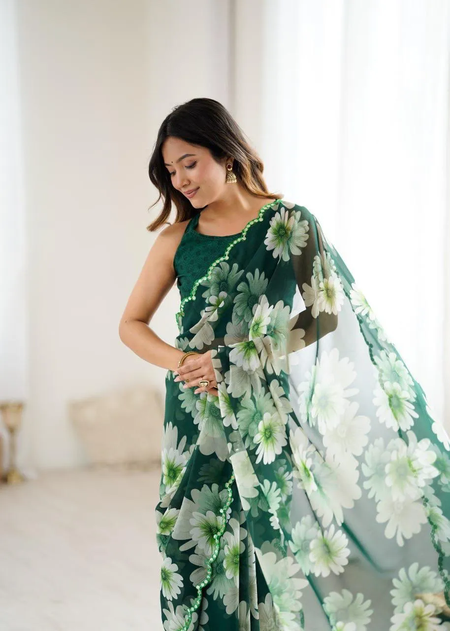 Green Georgette Floral Printed Casual Saree - Image 2