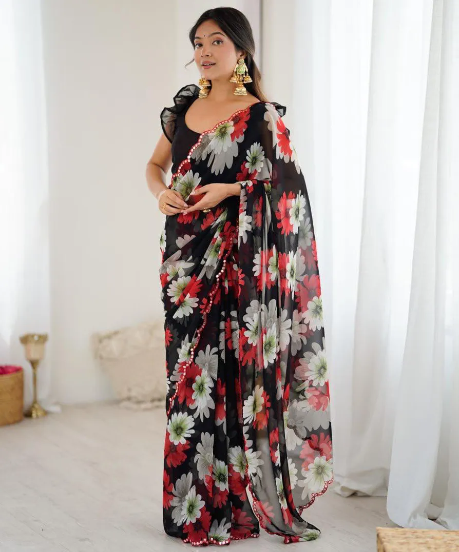 Black Georgette Floral Printed Casual Saree