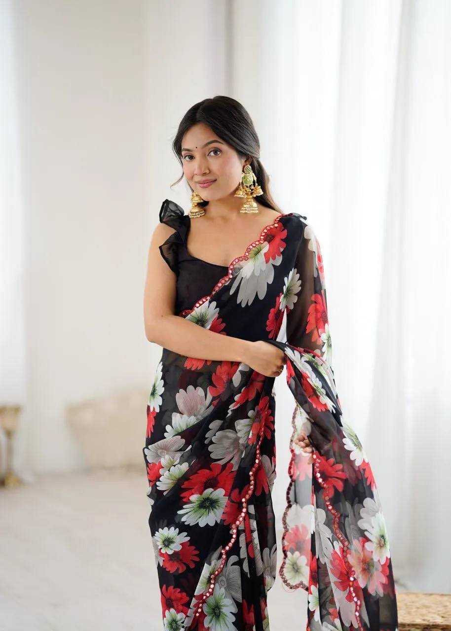Black Georgette Floral Printed Casual Saree - Image 2
