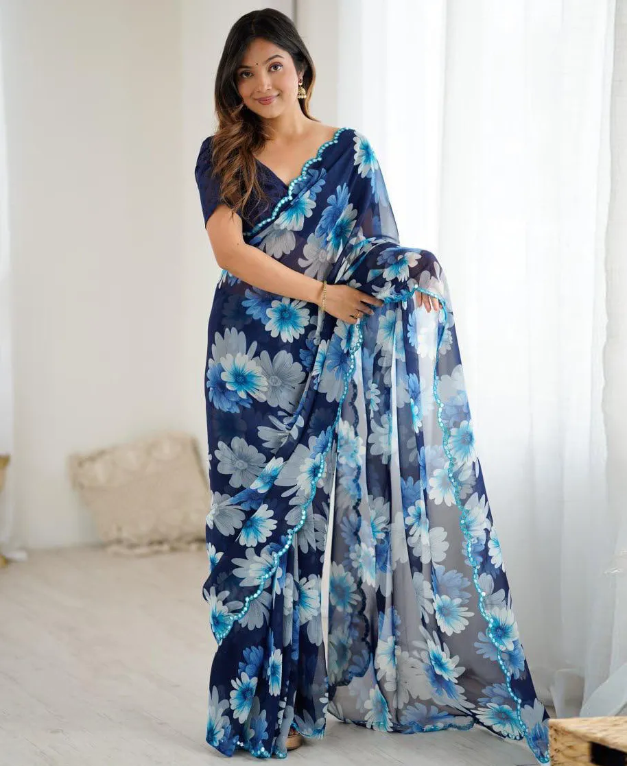 Blue Georgette Floral Printed Casual Saree
