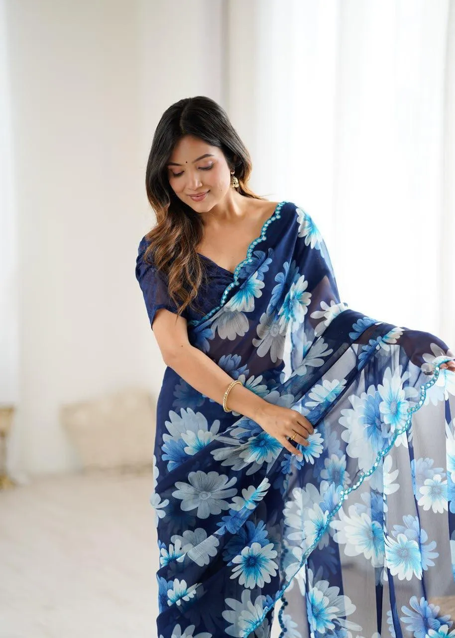 Blue Georgette Floral Printed Casual Saree - Image 2