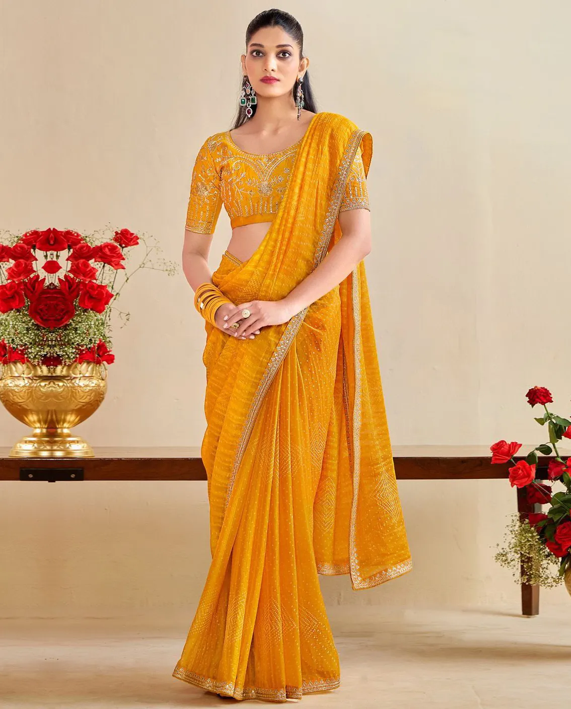 Yellow Chiffon Bandhani Printed Party Wear Saree