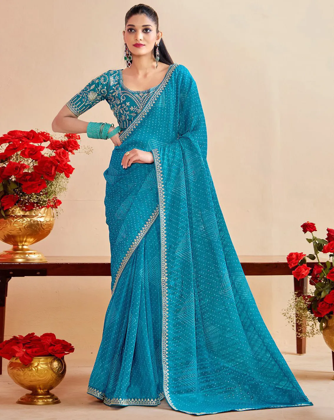 Light Blue Chiffon Bandhani Printed Party Wear Saree